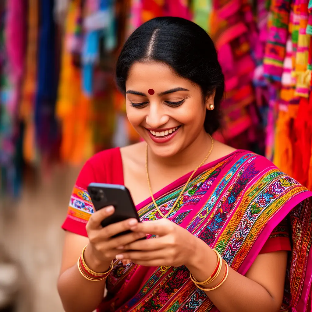 779MX App – Experience exciting casino games with a modern mobile app in Mexico Smiling Mexican woman enjoying the 779MX casino app on her phone with colorful festive lights creating a vibrant gaming atmosphere