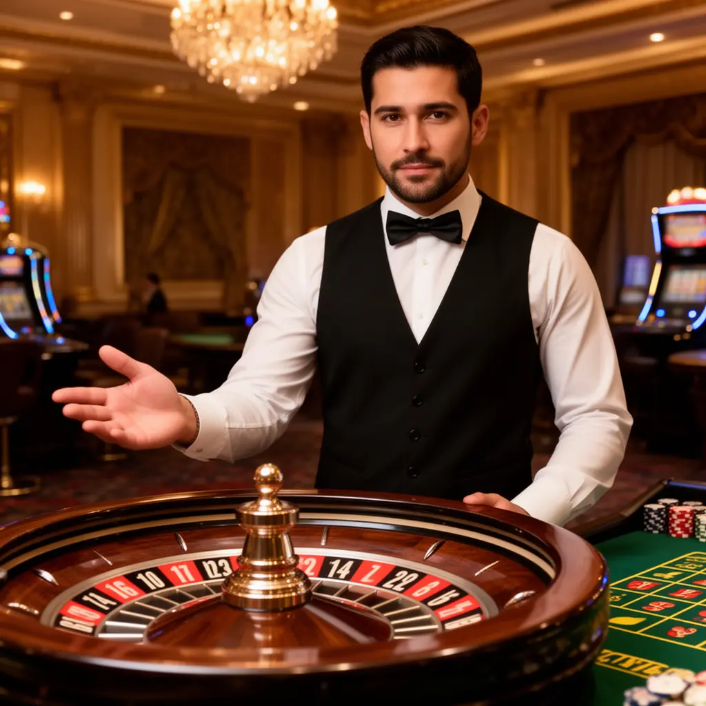779MX – Experience immersive live casino entertainment for Mexican players Professional live casino dealer standing by a roulette wheel with an inviting gesture inside a luxury casino atmosphere representing 779MX for Mexico